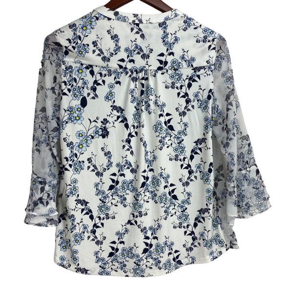 Charter Club XS White Floral Blouse With Ruffle Sleeves &amp; Pleated Front - Picture 2 of 5